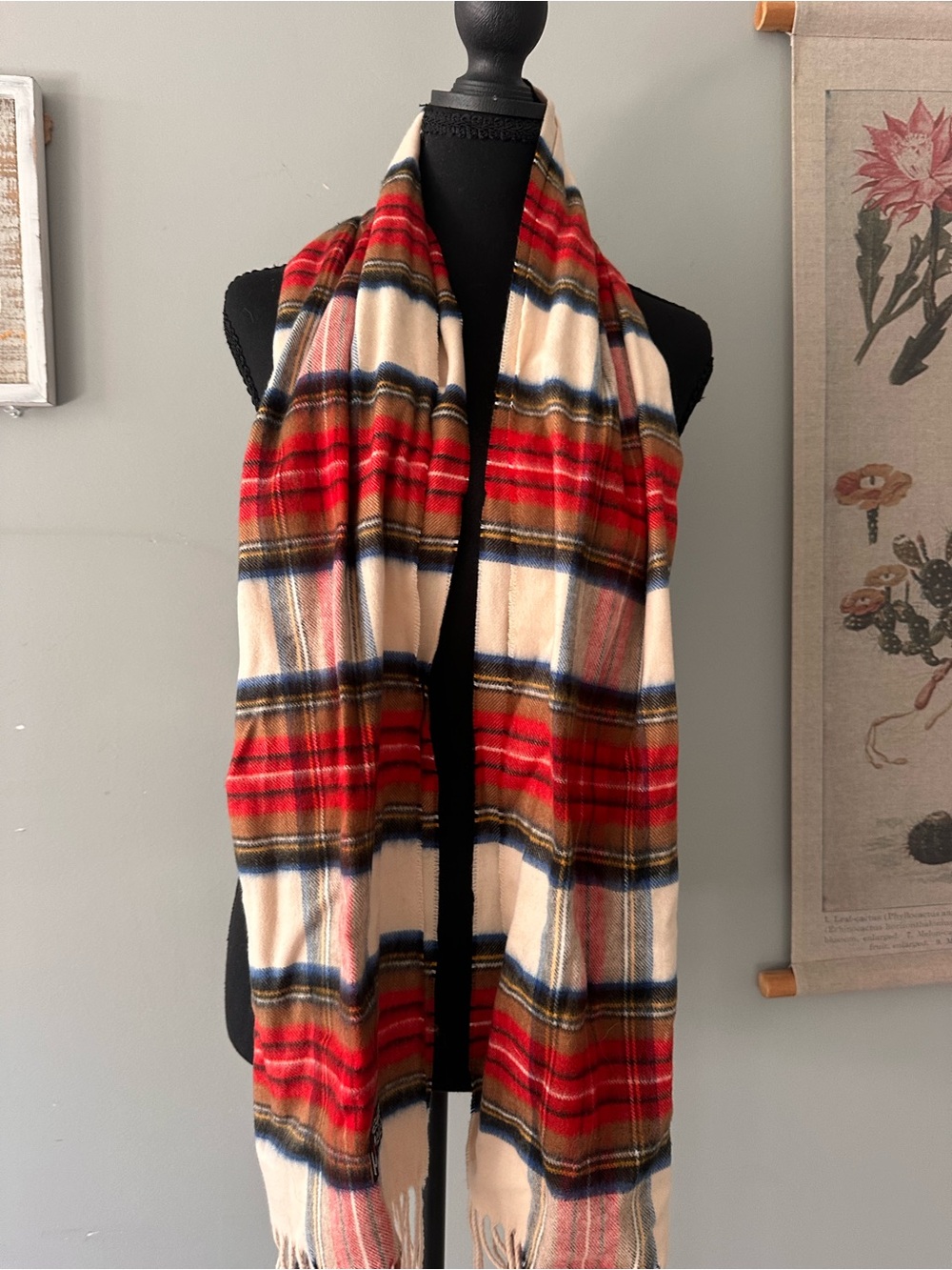 V. FRAAS Red Plaid Fringe Scarf with Cream and Navy Accents
